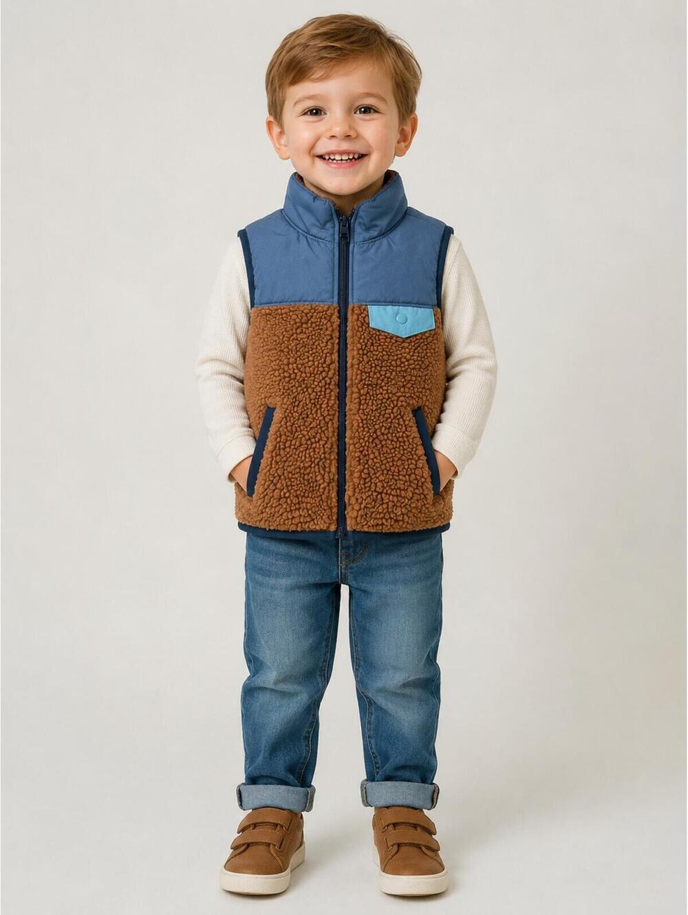 Carter’s 3T Sherpa‎ Fleece Vest Blue Brown Zip Front Toddler Boys